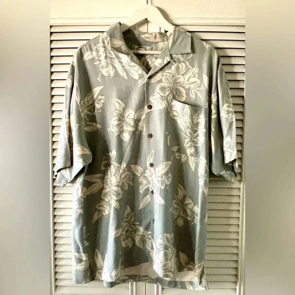 Tommy Bahama Men’s Silk Floral Short Sleeve Button Up Shirt Green/Blue Wht SZ L - Picture 1 of 6